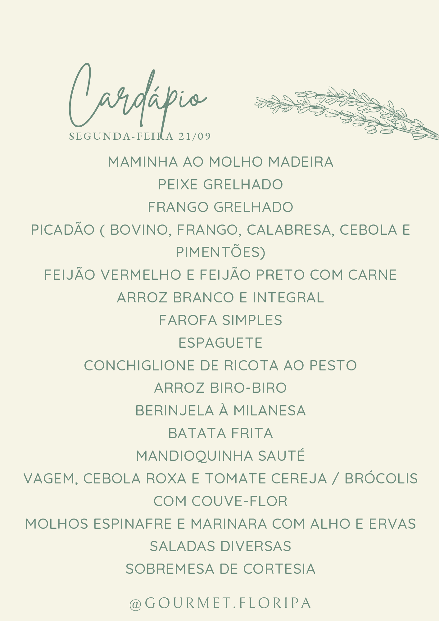Cardápio de Segunda-feira, 21 de setembro